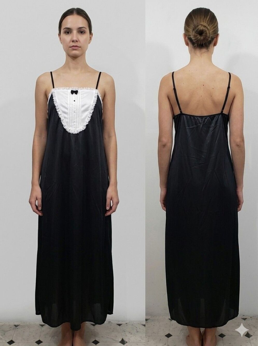 Undercover Wear French Maid Maxi Nightgown Black Satin Lace Tuxedo Bib Gown 3X